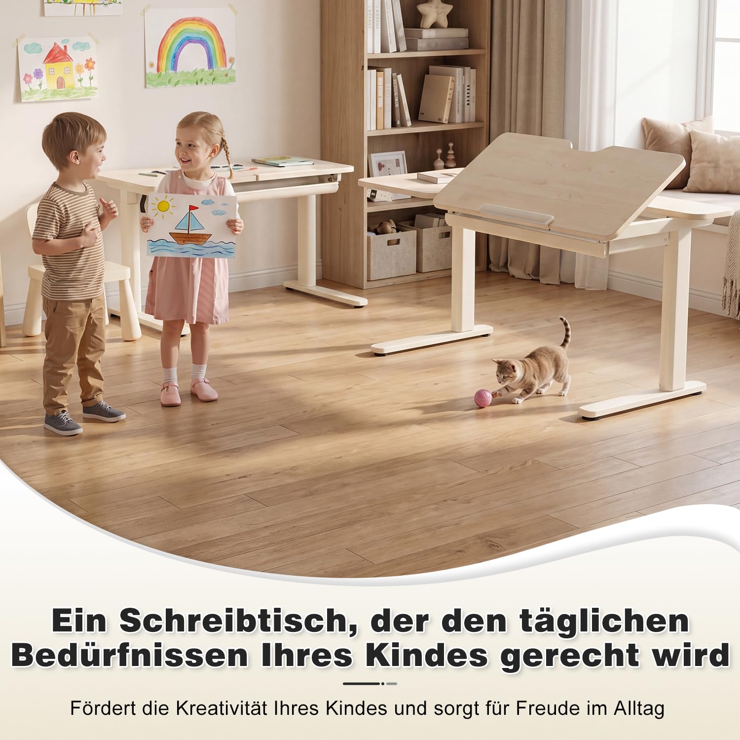 Devoko Kinderschreibtisch, Elektrisch Höhenverstellbarer Schreibtisch mit neigbarer Tischplatte mit Schubladen, Standing Desk mit 3 Speicherplätzen, Schreibtisch Kinder ab 6 Jahren, 120 x 60 cm Beige
