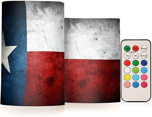 Velas sin llama, funciona con pilas, estilo vintage grunge, bandera de Texas, velas LED parpadeantes con control remoto, tira azul, blanca y roja,