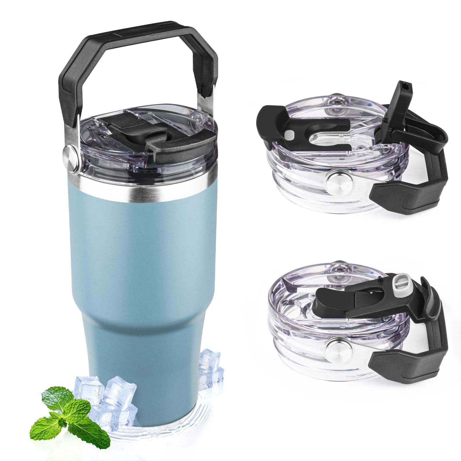 FLIFQI 20oz Tumbler with Handle and Flip Straw Lid, Glacier Blue