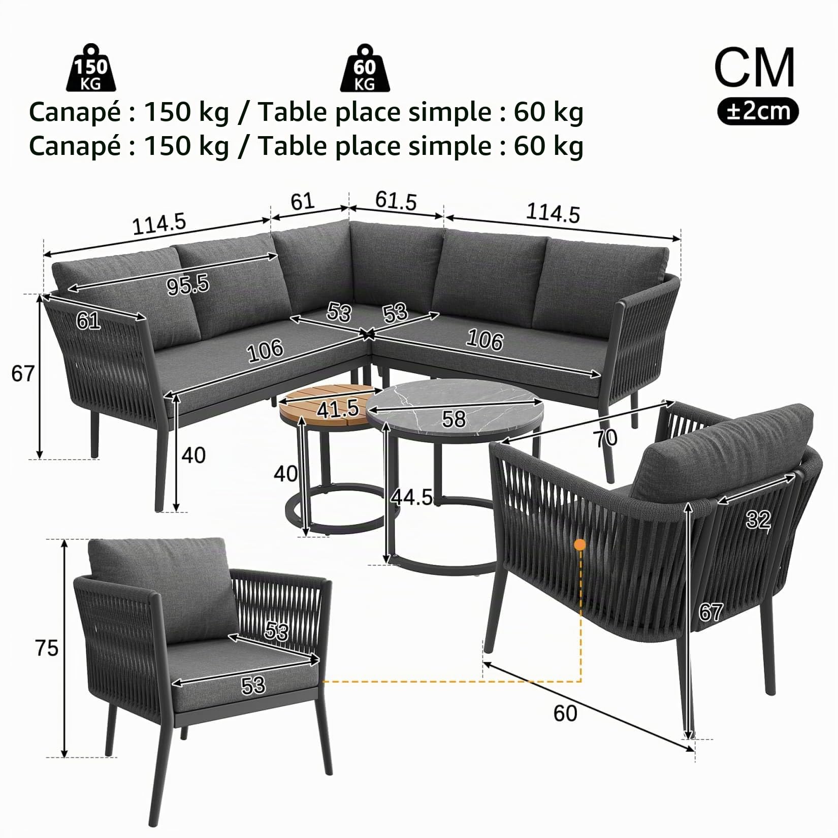 Salon de Jardin Exterieur Tissés 5-6 Personnes,Table Basse Gigogne Ronde avec 2 Petits Canapés 2 Places,2 Fauteuils Relax,Coussins Amovible Lavable,pour Terrasse,Balcon (Gris)