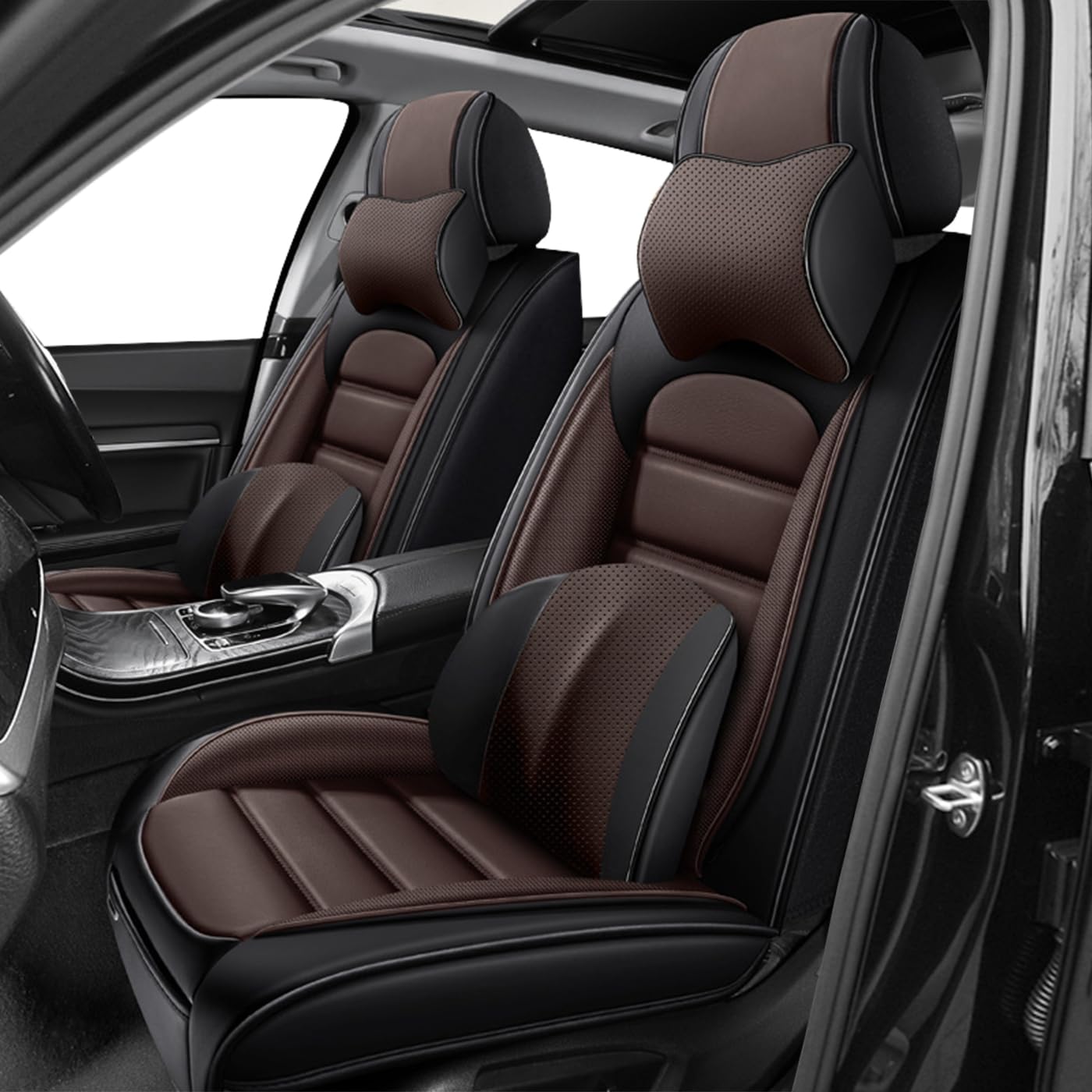 Car Seat Covers for X2,for BMW X2 2018-2025 2026,Waterproof Leather Seat Covers,Compatible Airbag,Front Set Comfort Car Seat Protectors for Most Cars(Pillows,Black&amp;Coffee)