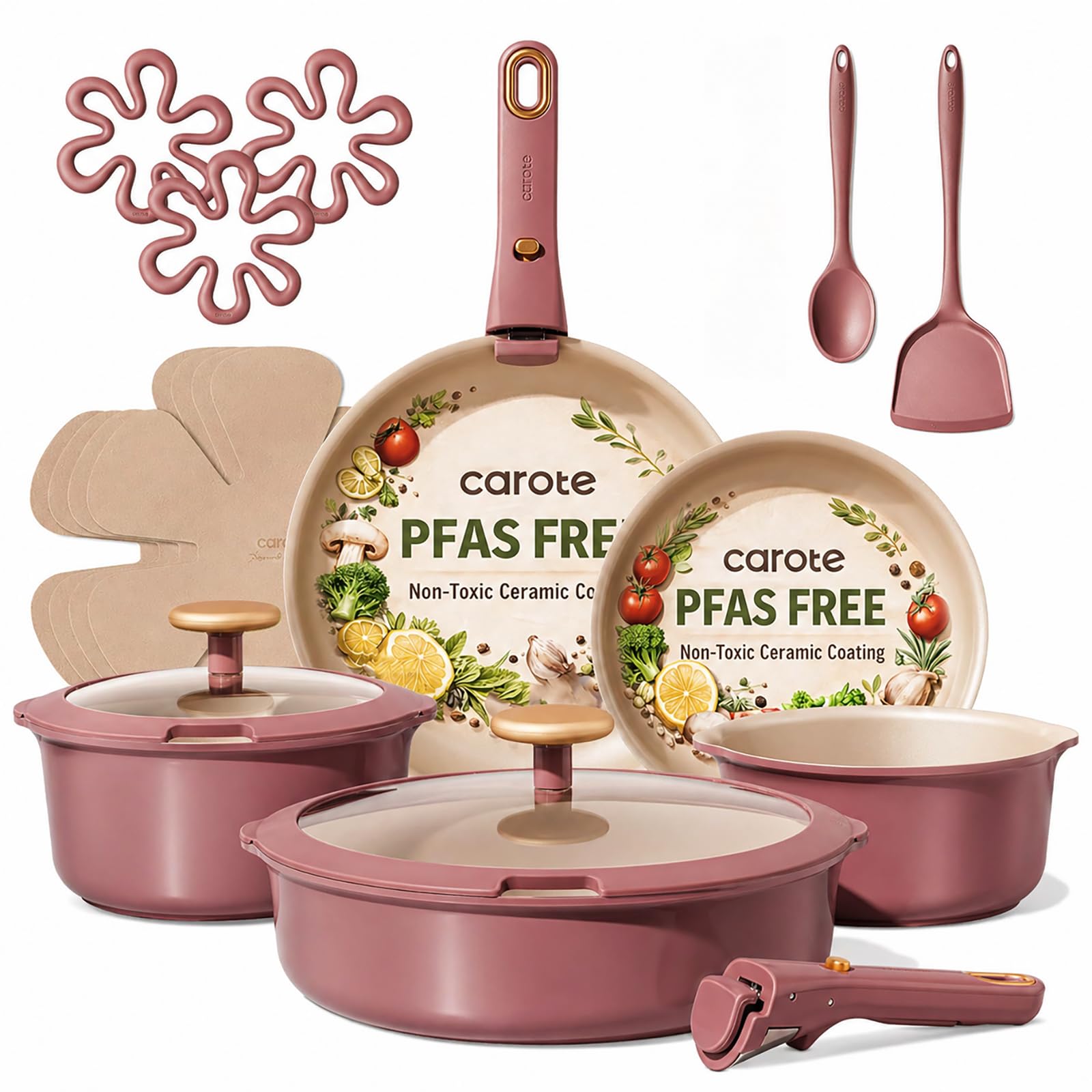 CAROTE 19 Pcs Pots and Pans Set, Nonstick Cookware Sets with Detachable Handle, Titanium Reinforced, Oven Safe, Cookware Non Stick Cooking Set w/Frying Pans & Saucepans Red(PFOS, PFOA Free)