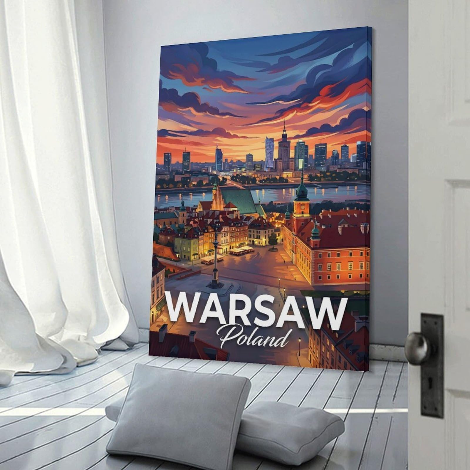 Junmoney Warsaw, Poland Cityscape at Sunset Wall Art Print 20x30inch(50x75cm), for Hallway, Entryway Or Landing, Wall Decor to Refresh Empty Corners, for Cosy Room Updates