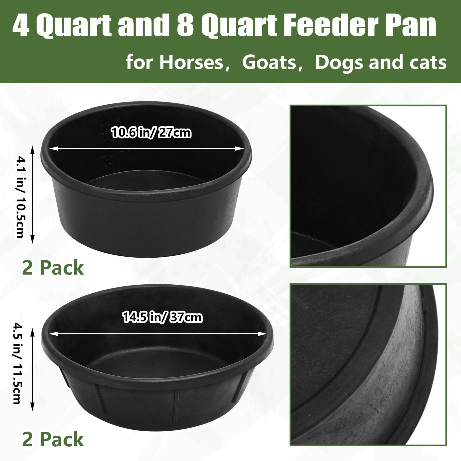 Sadnyy 4 sartenes de goma de 4 cuartos y 8 cuartos de galón, recipiente de goma para polvo de baño para pollo, pato, cerdo, perros, gatos, cabras, caballos, ganado al aire libre, animales