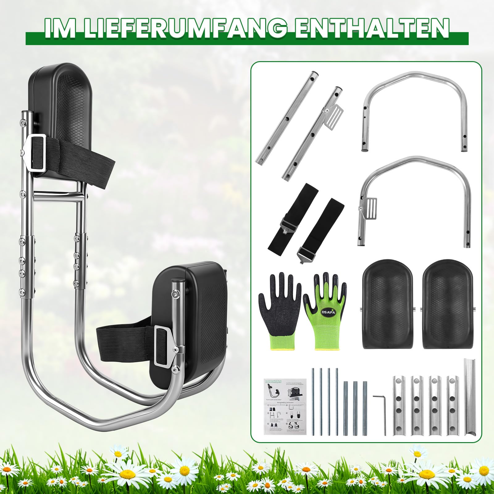 Rodillera para jardinería con función de asiento, comodidad para jardinería, soporte de rodilla ajustable, férula para piernas, 160 – 195 cm de altura, rodilleras en jardín, construcción y
