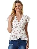 Wrap Tops for Women's Floral Printed V Neck Slit Sleeve Tie Waist Peplum Blouse