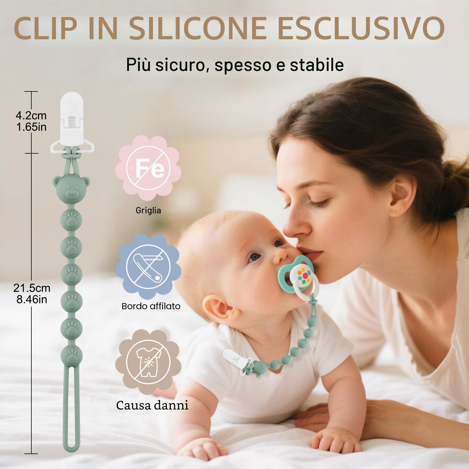 Confezione da 4 catenelle per ciuccio, in silicone con clip di sicurezza, per ragazzi e ragazze, Pacifier Chain e clip per ciuccio, facile da pulire, catene per ciuccio per passeggini e