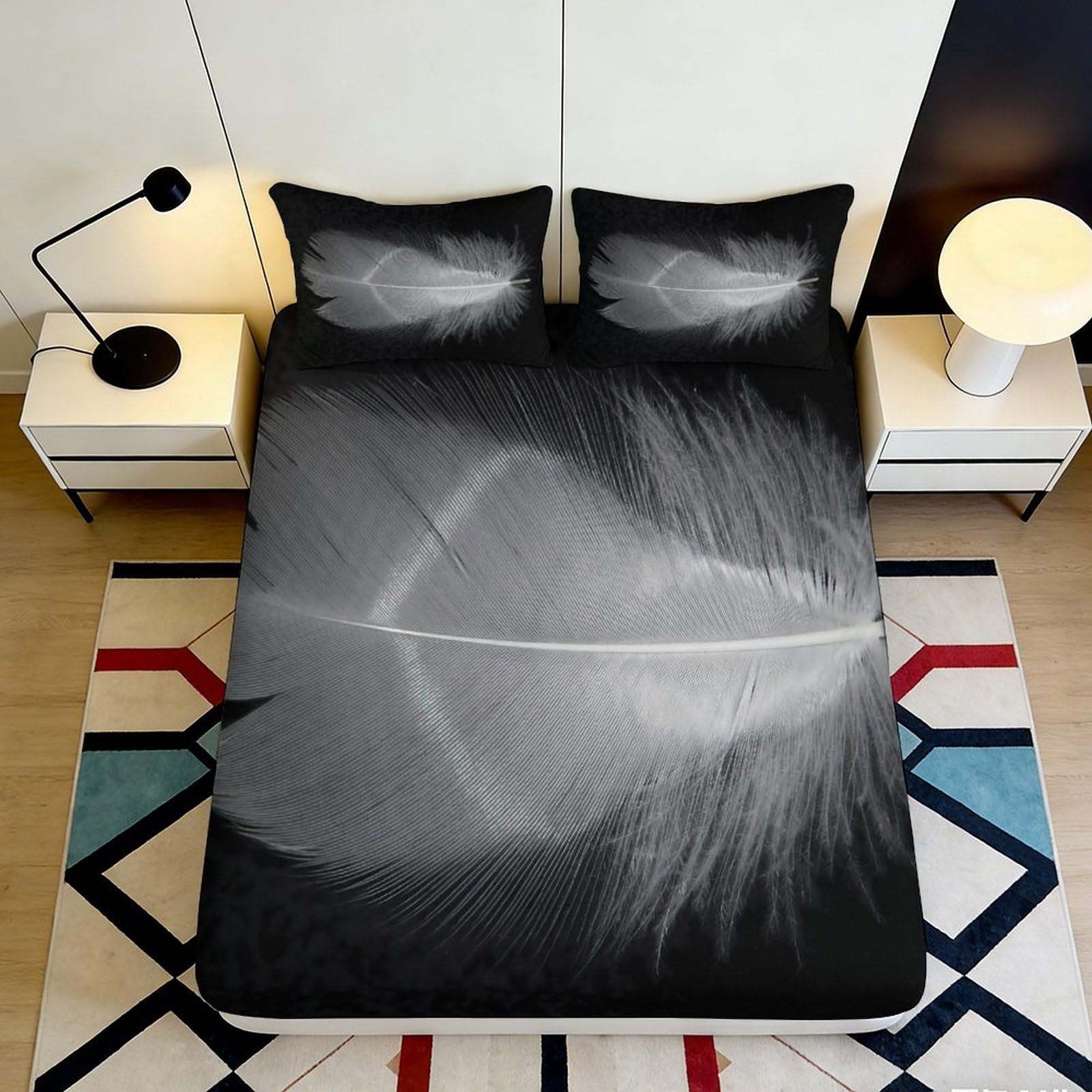 3D Printed Black Feather Fitted Sheet Microfiber Soft Bedroom Decor Abstract Leaf Mattress Cover Home Use 90x200x25cm