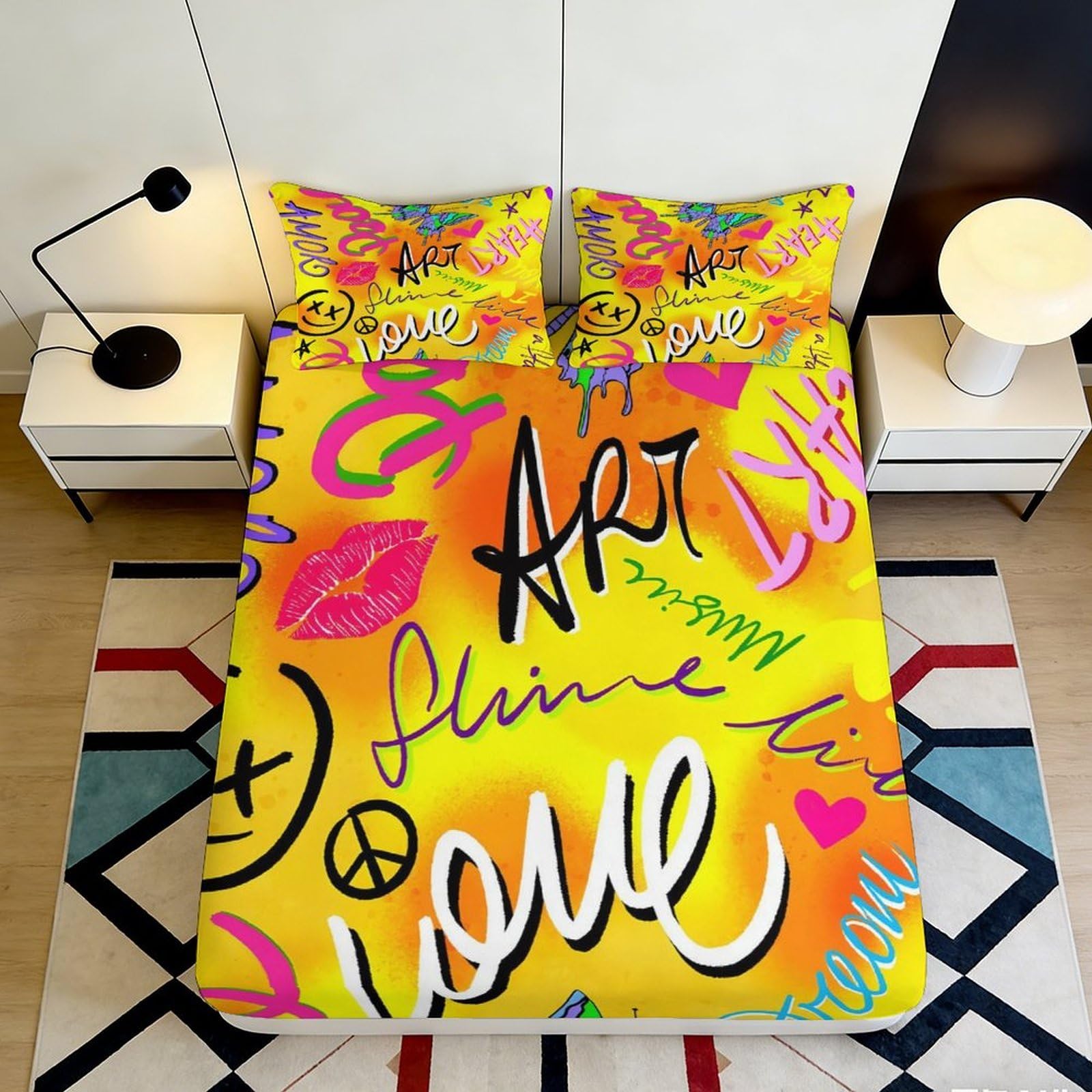 3D Printed Graffiti Art Fitted Sheet Microfiber Soft Anti-Slip Pop Art Mattress Cover for Bedroom Dorm Decor 180x200x25cm