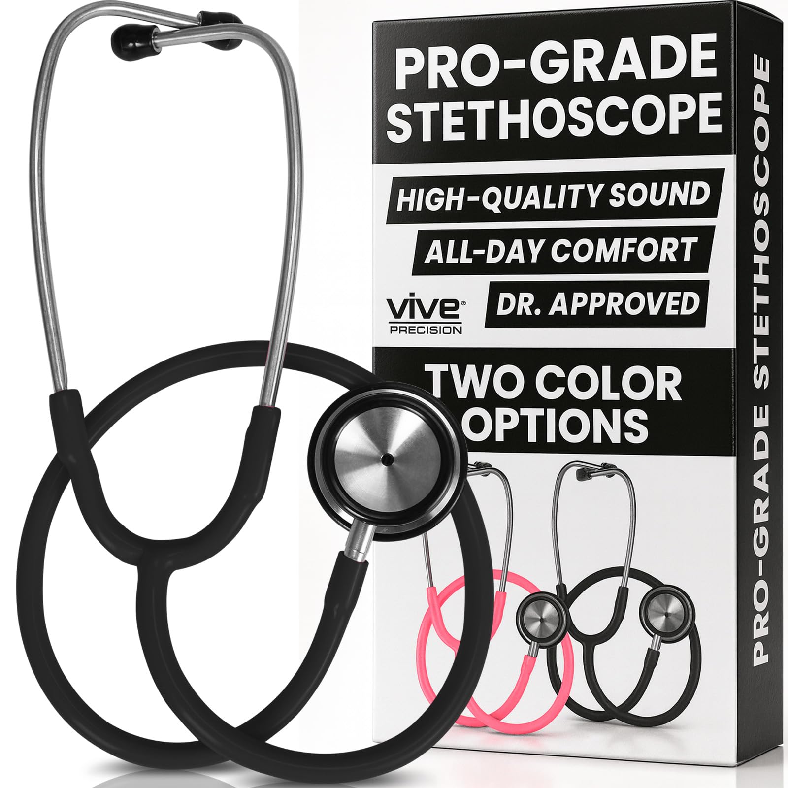 Vive Precision Dualhead Stethoscope - Dual Head Diaphragm Bell for Nurses, ER, Cardiology, Veterinary, Fetal Pediatrics Blood Pressure Kit - Double Barrel Chestpiece Device For Doctors, Students