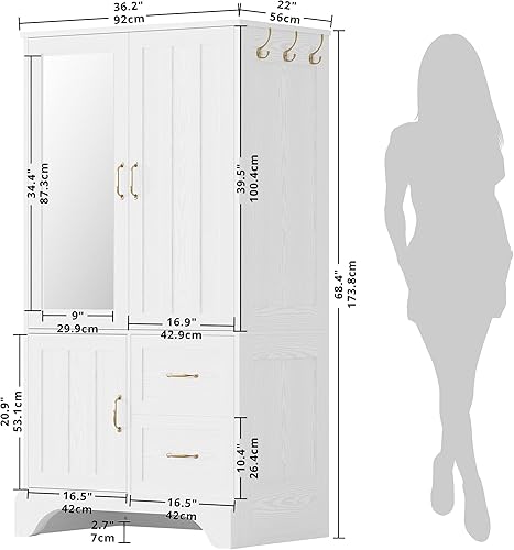 Miniatura 2 de LIKIMIO Armario de Ropa con Espejo y 3 Puertas y 2 Cajones, Armario de Madera para Dormitorio Combinado con Barra para Colgar, Blanco