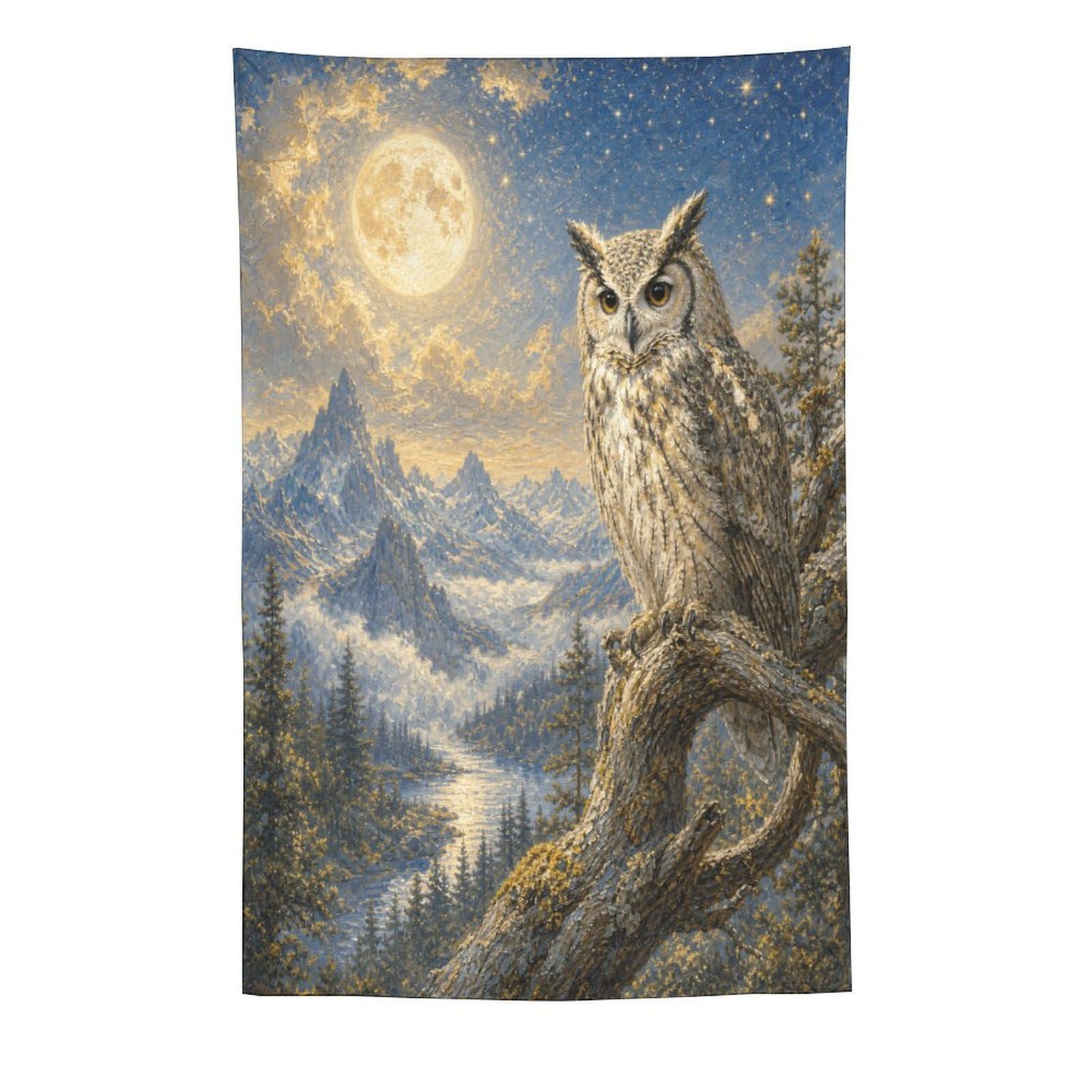 H3B8U2Y5 Snowy Owl under Moon Wall Tapestry, Surrealist, Celestial Wildlife