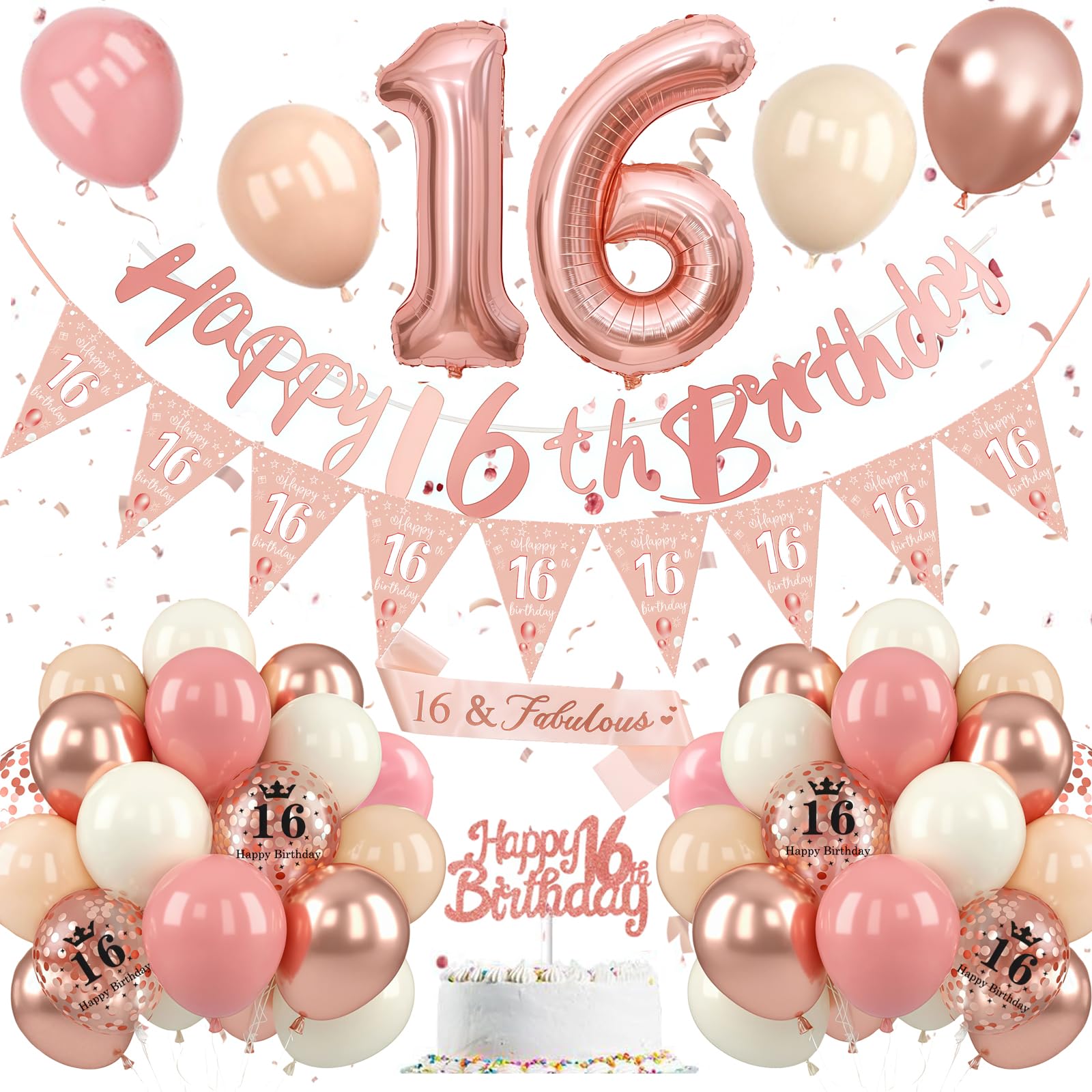 16th Birthday Decoration Rose Gold, 16th Birthday Decoration Set Pink and White, 16th Birthday Decorations, Number 16 Balloons with Banner, Cake Topper for Girls, 16th Birthday Party Decorations