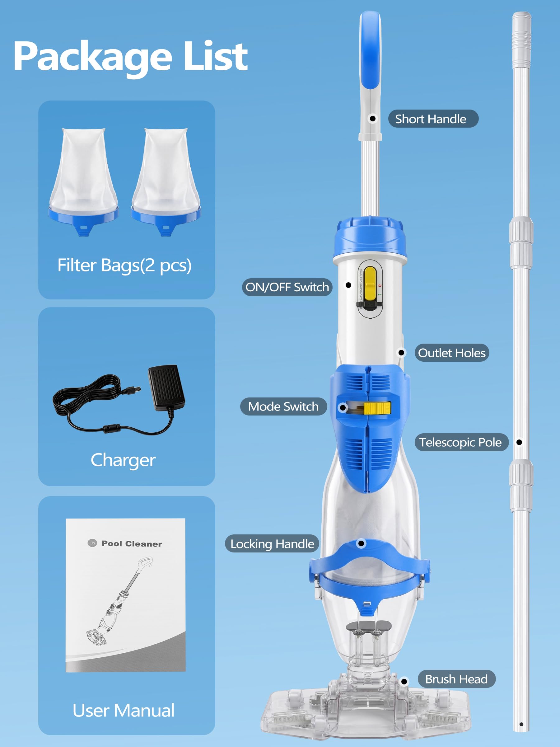 LanOcean Aspirador Piscina Bateria, 2 Modos Aspiradora Piscinas Fondos Caudal Hasta 4300 L/H, Aspiradora para Piscina Inalambrico con Varilla Telescópica, Autonomía de 70 min Limpia Fondos de Piscinas