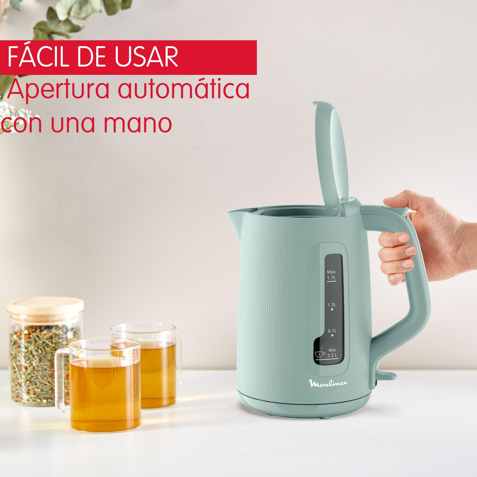 Moulinex Morning Plus 1.7 L – Hervidor eléctrico e inalámbrico, 2400 W, gran capacidad, medidor taza, medidor de agua, filtro antical, base giratoria, incluye infusionador, té e infusiones, BY2M13
