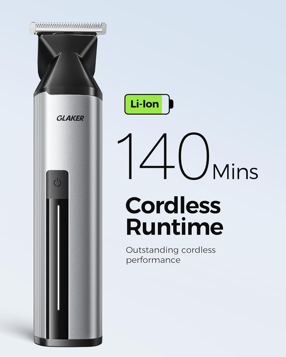 GLAKER trimmer showing 140 minutes cordless runtime