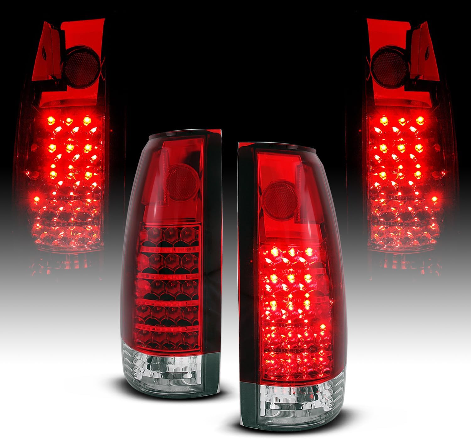 AmeriLite for 1988-1999 Chevy GMC Full Size C/K Pickup Truck Tahoe Suburban Crystal Red LED Replacement Tail Lights Assembly Pair - Passenger and Driver Side