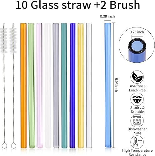 Miniatura 2 de 10 unidades Pajitas de vidrio reutilizables resistentes a las roturas, 0.354 x 0.394 in, popotes reutilizables multicolor con 2 cepillos de limpieza