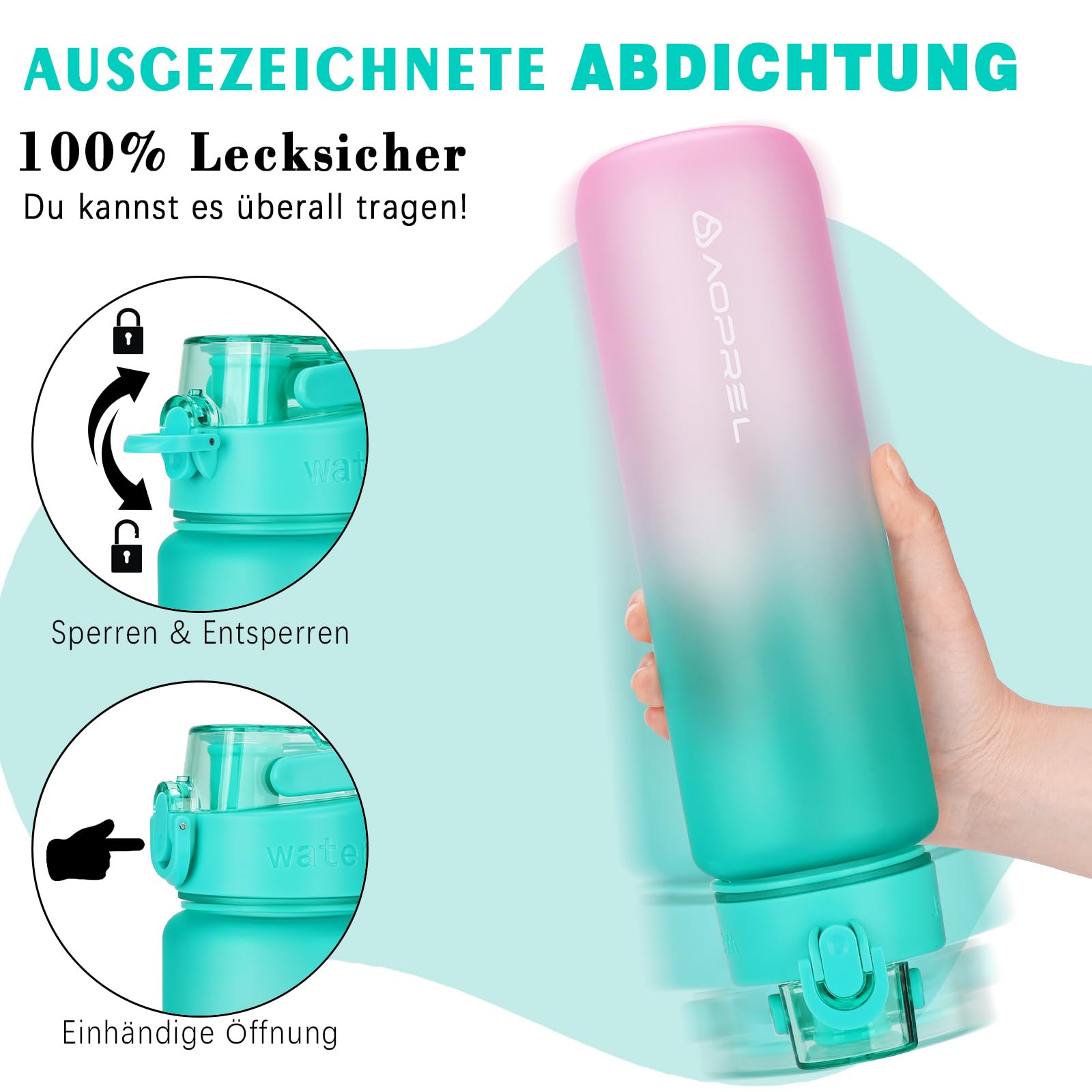 AOPREL Borraccia da 1 l, senza BPA, in Tritan, per sport, anidride carbonica, a prova di perdite, bottiglia da 1 litro per fitness, escursionismo, campeggio, scuola e ufficio