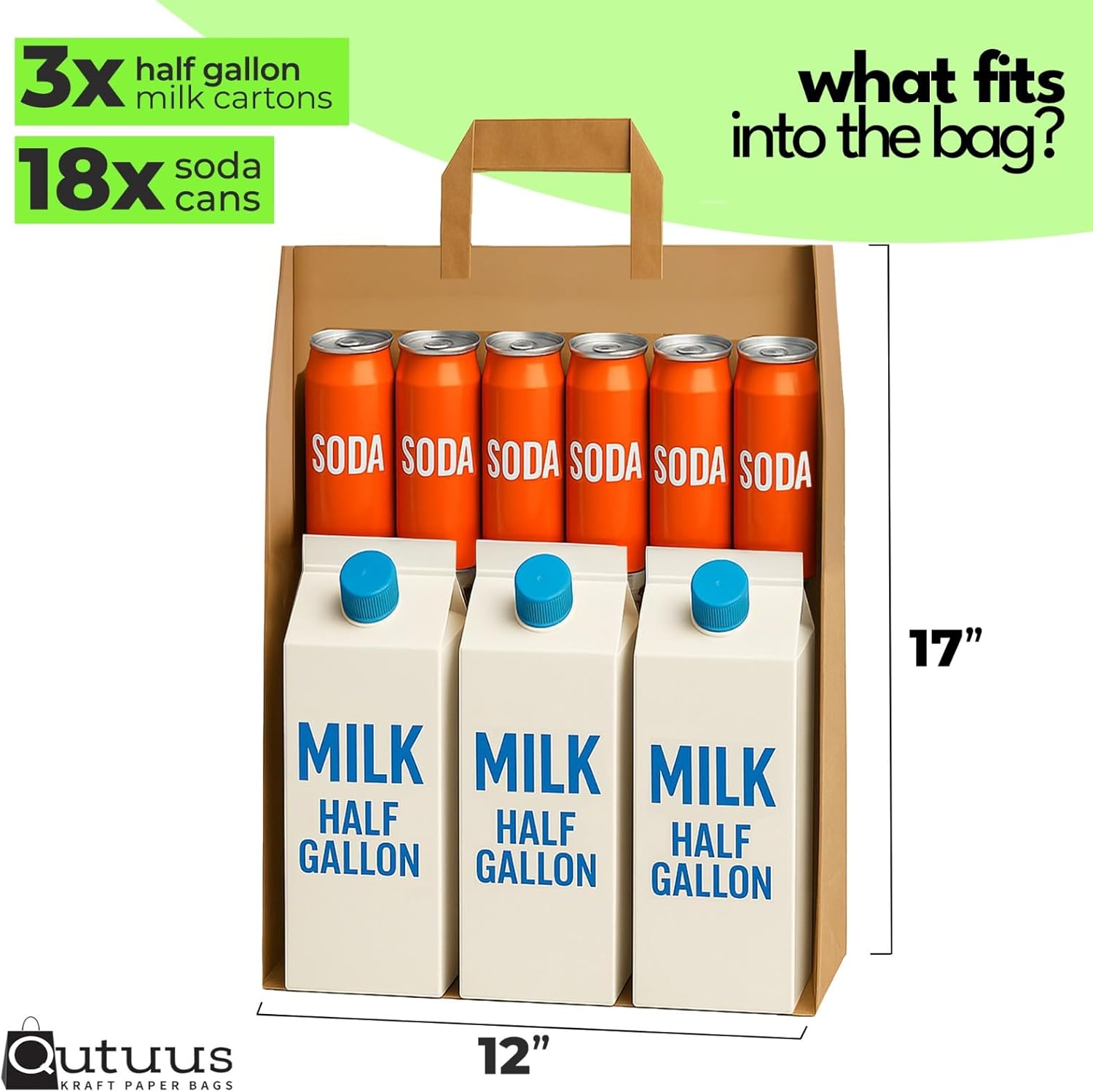 Qutuus Brown Paper Grocery Bags with Handles, Large Brown Paper Bags with Handles Bulk, 12x7x17 inches 50pcs Large Grocery Bag - Image 2