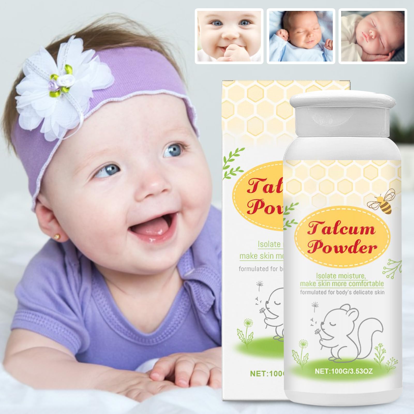 Baby Powder, talco naturale per bambini, 100 g di talco clinicamente testato, formula delicata di amido di mais, sollievo lenitivo dopo la doccia, formulato per essere delicato sulla
