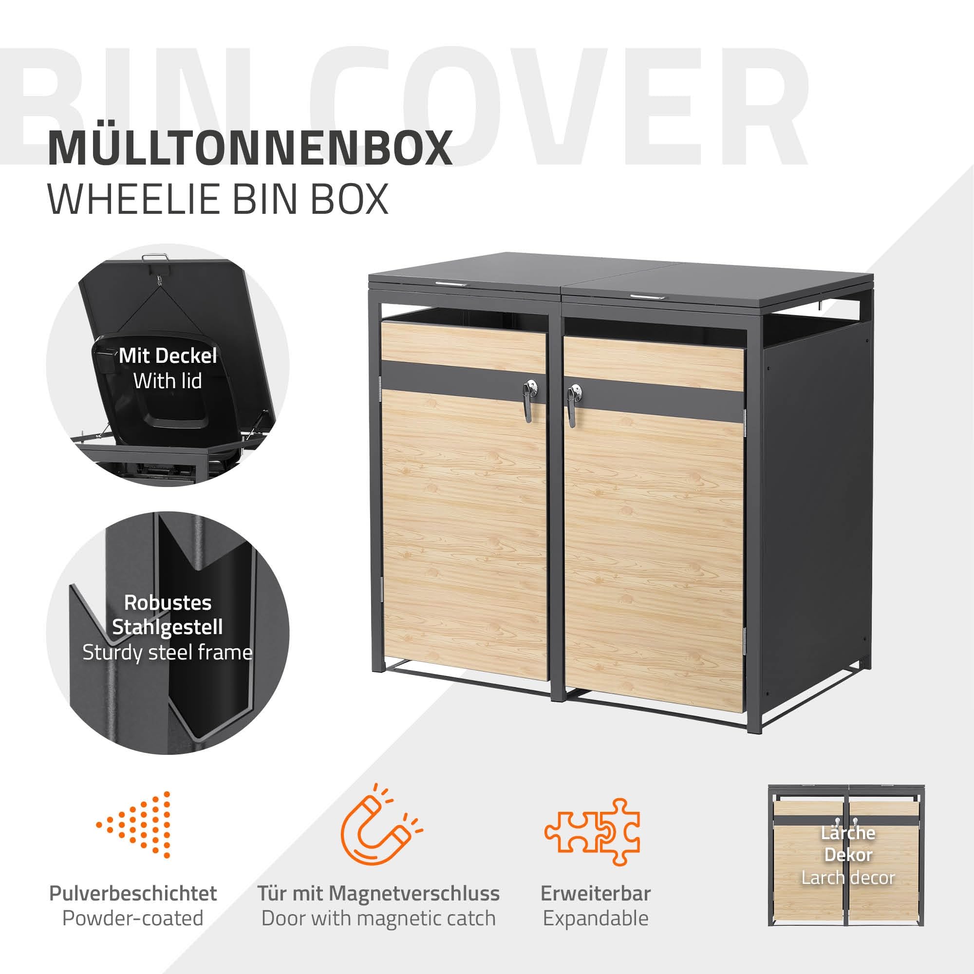 ML-Design Copribidone per Spazzatura per 2 Cestini 240L 132x80x120 cm Antracite Aspetto Larice Acciaio Contenitore per Pattumiera Copri Bidone 2 Sportelli Contenitore per Rifiuti