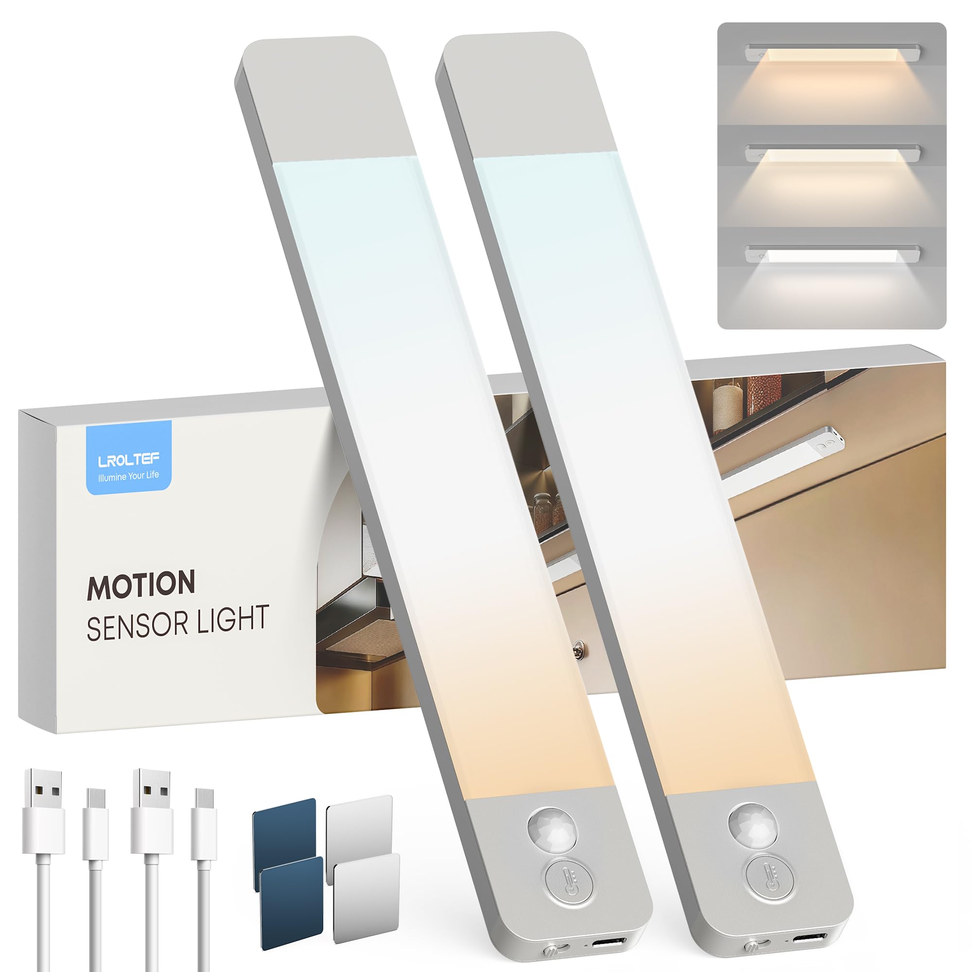 LROLTEF Schrankbeleuchtung Led Lampe mit Bewegungsmelder - 20cm 1100mAh 6500K 4000K 3000K 3 Farbtemperaturen Dimmbar Unterbauleuchte Küche - Aufladbar Kleiderschrank Licht Treppenbeleuchtung | 2 Stück