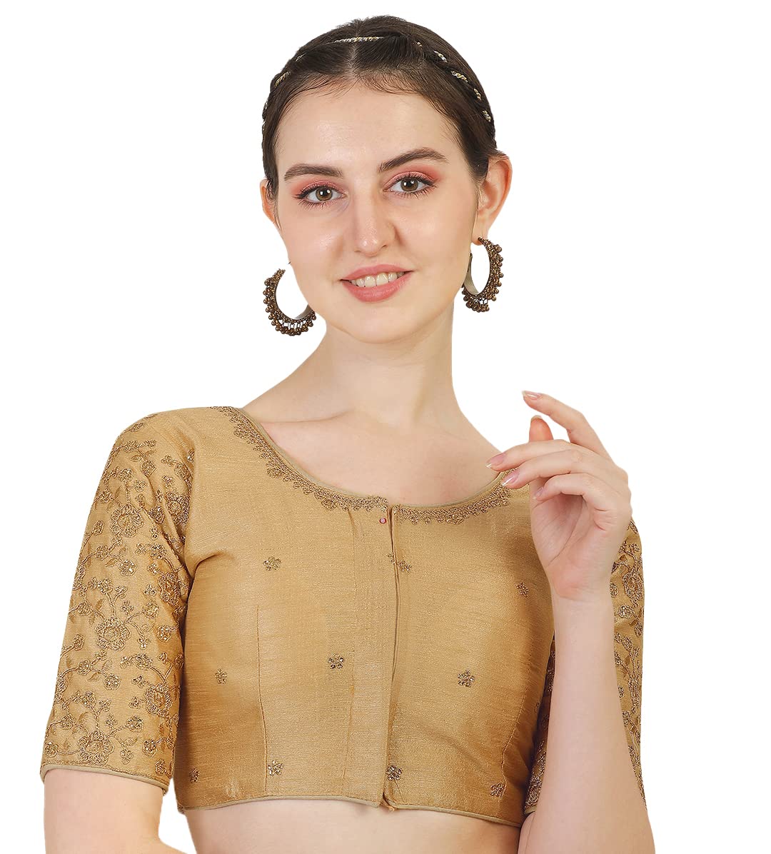 Pujia Mills Women's Phantom Silk Flowerhalf Sleeve Saree Blouse (Flowerr Blouse_Gold_38 Size+Margin)