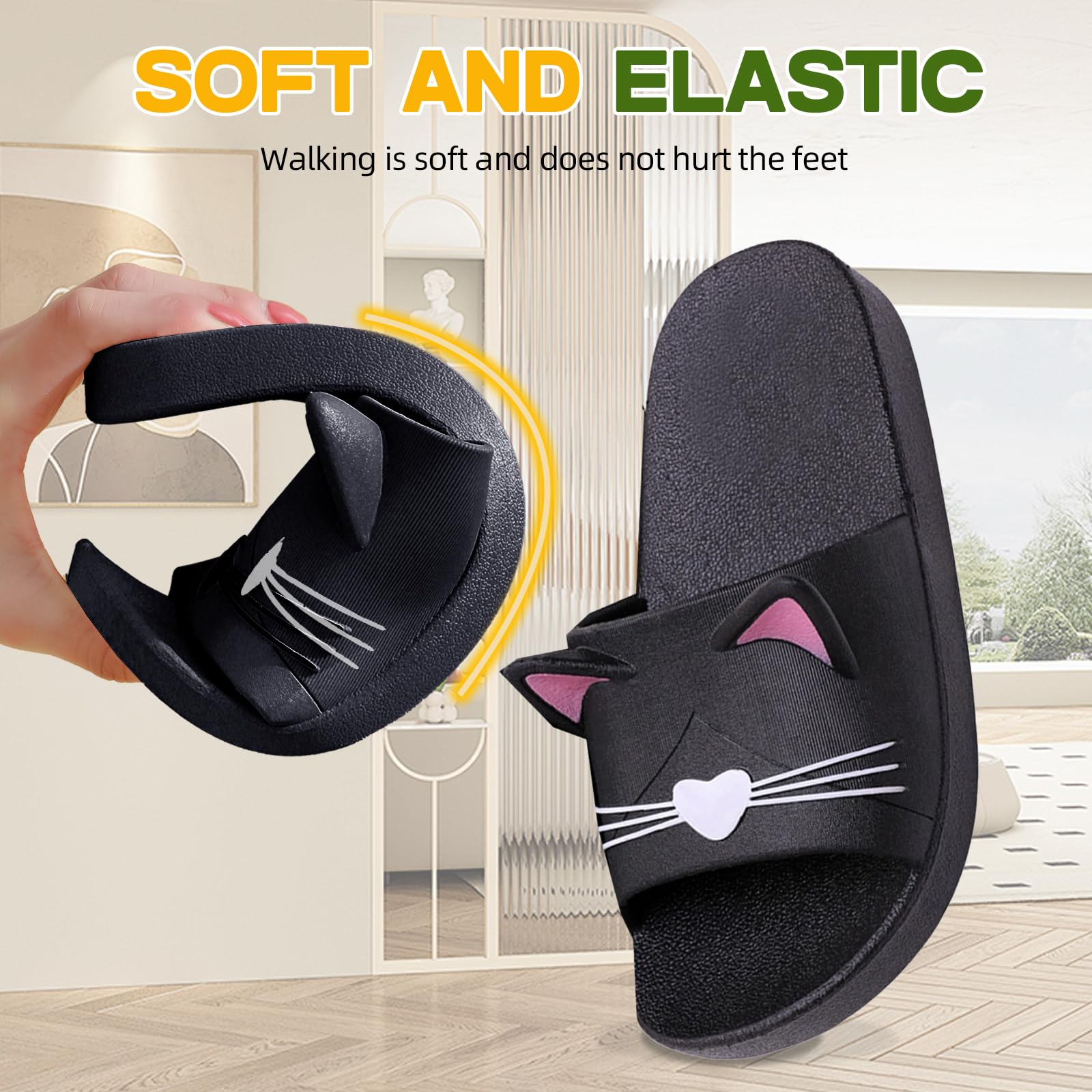 Acfoda Kinder Mädchen Jungen Sommer Hausschuhe mit Katze Damen Herren Weiche rutschfest Pantoletten, Gr.23-44
