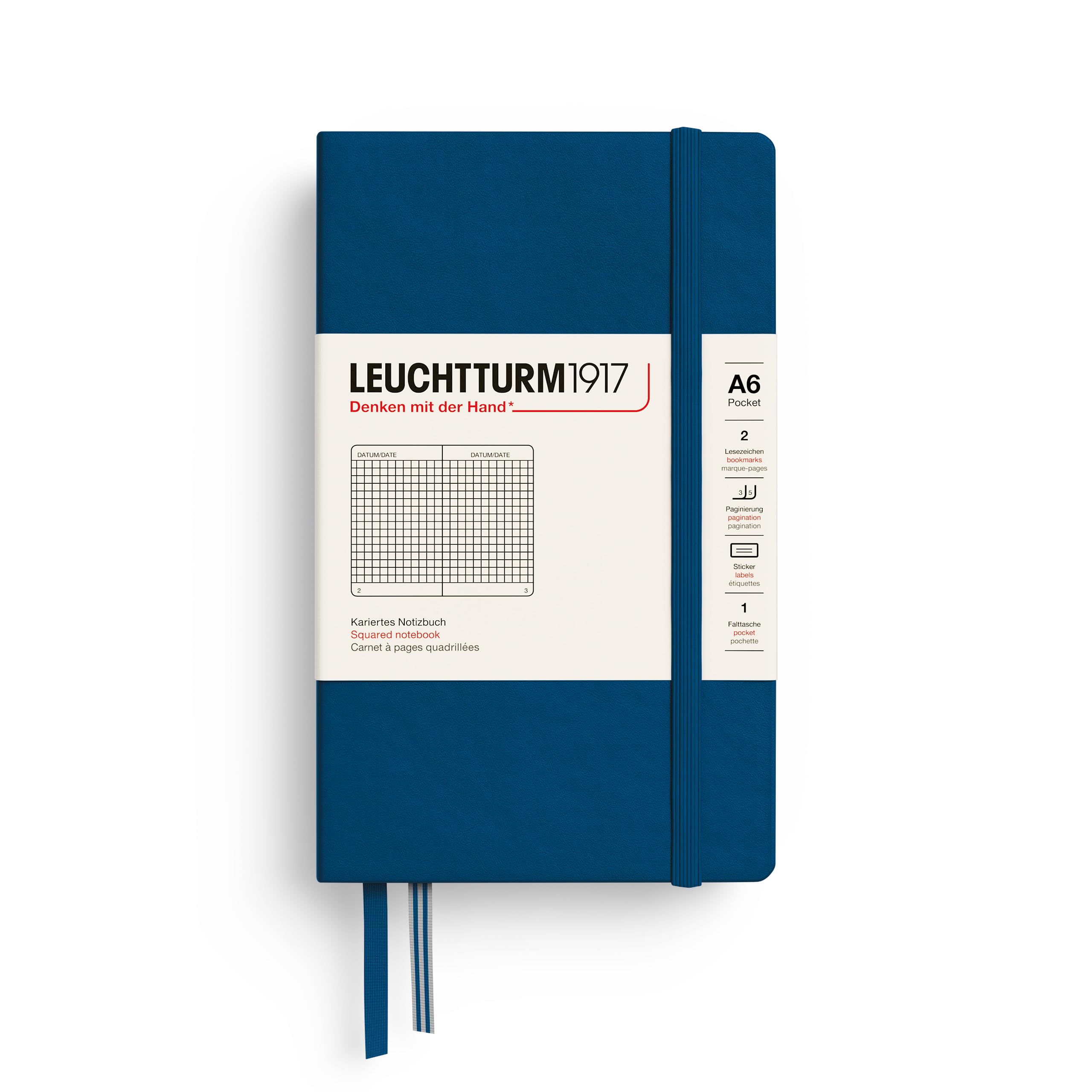 LEUCHTTURM1917 400557 Pocket Notebook (A6), Hardcover Writing Book, 187 Numbered Pages, Indigo, Squared