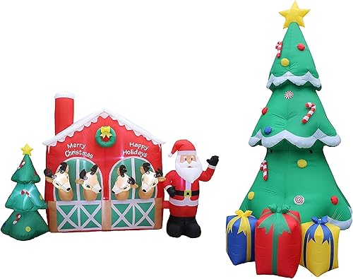 Paquete de dos decoraciones de fiesta de Navidad: reno inflable de Papá Noel de 9 pies y árbol de Navidad de 12 pies con luces