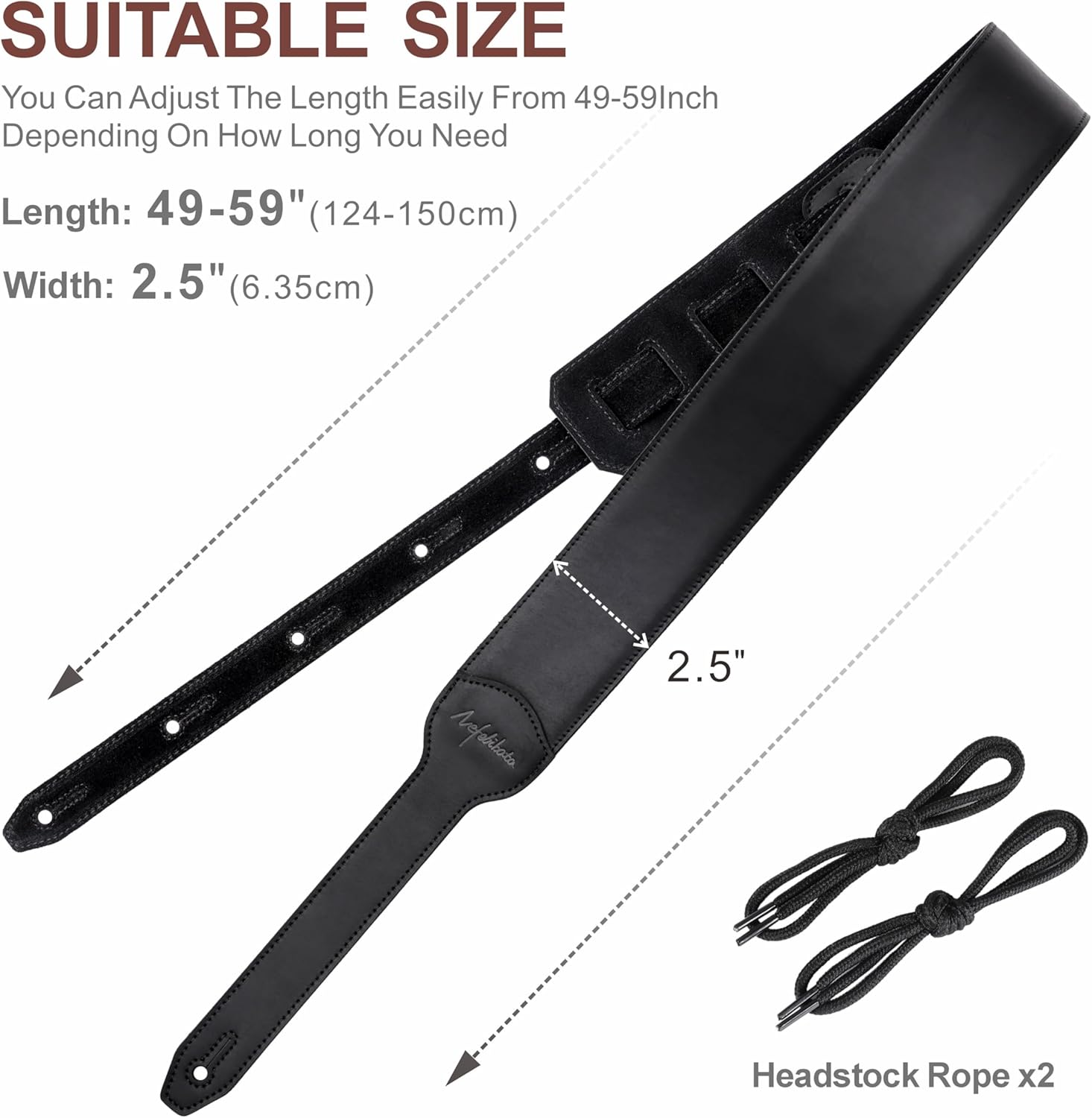 Nefelibata Banjo Strap, 2.5"Wide Double Layer Crazy Horse Art Leather Guitar Strap Adjustable Replacement With Headstock Rope(Black Crazy Horse Leather)