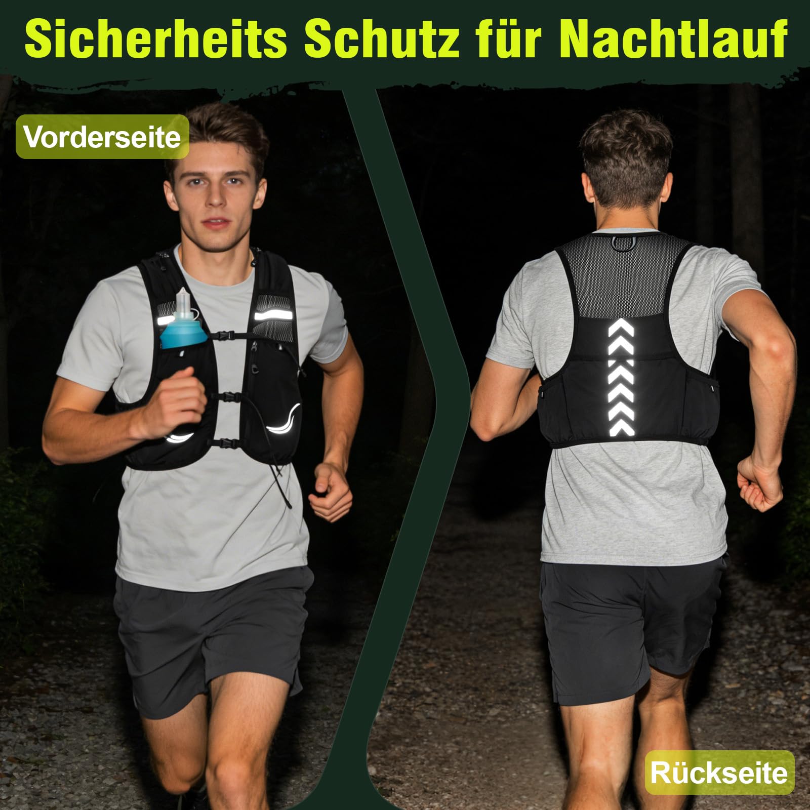 Charmofun Laufweste Damen Herren, Laufrucksack Leicht mit 2 Stück 500ml Softflasche, Verstellbarer Reflektierender Trinkrucksack Laufen für Laufen, Camping, Marathon, Radfahren, Jogging