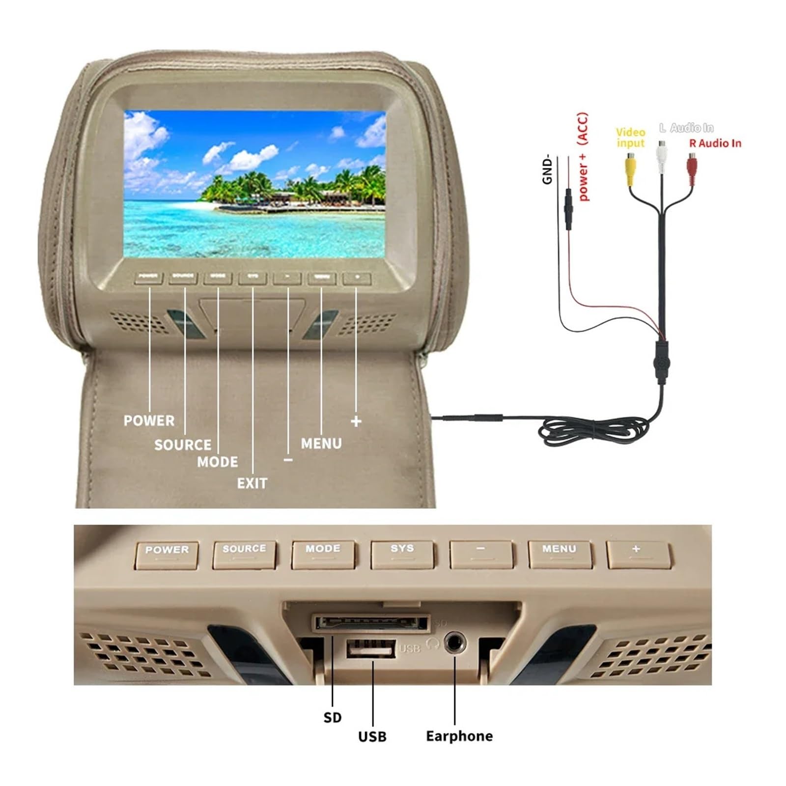 Monitor Samochodowy Zagłówek Uniwersalny 7-calowy Ekran TFT LED Multimedialny Odtwarzacz MP5 Poduszka Podtrzymująca Wejście USB/SD FM/głośnik/kamera(707M-BE-C)