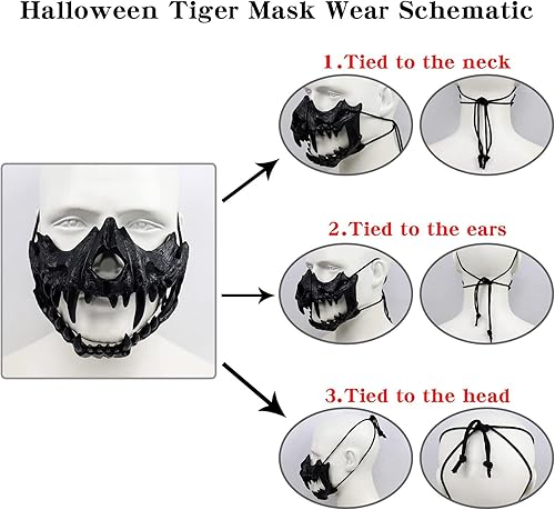 Miniatura 13 de Media máscara japonesa, máscara de tigre, máscara de dragón Ye Yaksha Dios negro, máscara de calavera de resina, máscara de terror de ninja