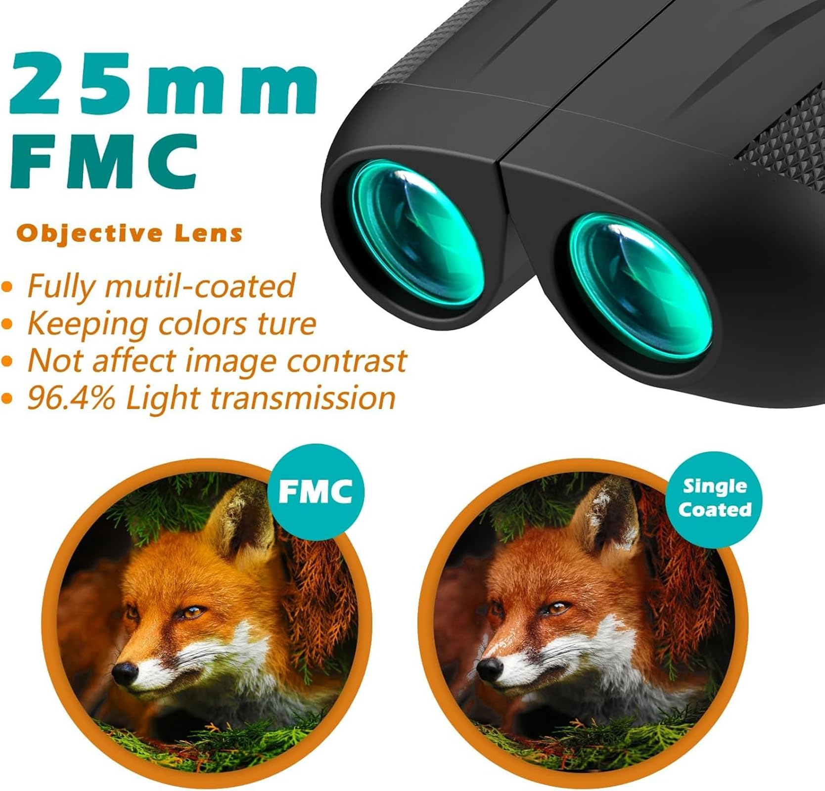 Binocolo 10x25, Binocolo Professionale, con Prisma BaK4 e Lente FMC, Alta potenza Binocolos Compatto,per Birdwatching, Escursionismo, Caccia, Visite, Teatro