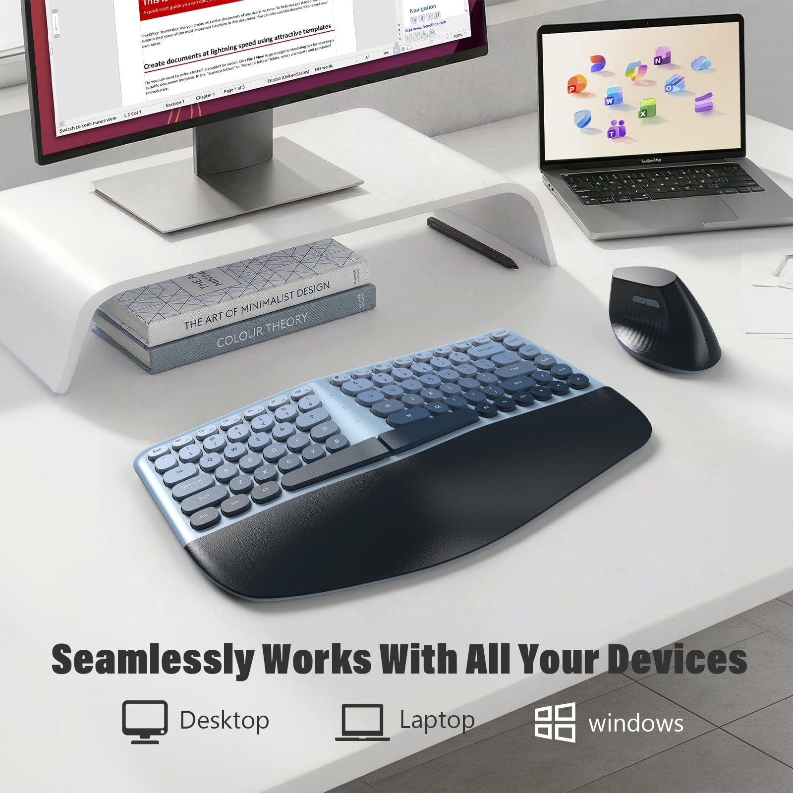 MOFII Tastiera ergonomica wireless e mouse combinata, tastiera curva divisa con poggiapolsi, mouse verticale, 2,4 G, per PC, laptop, desktop, Mac, blu sfumato colorato