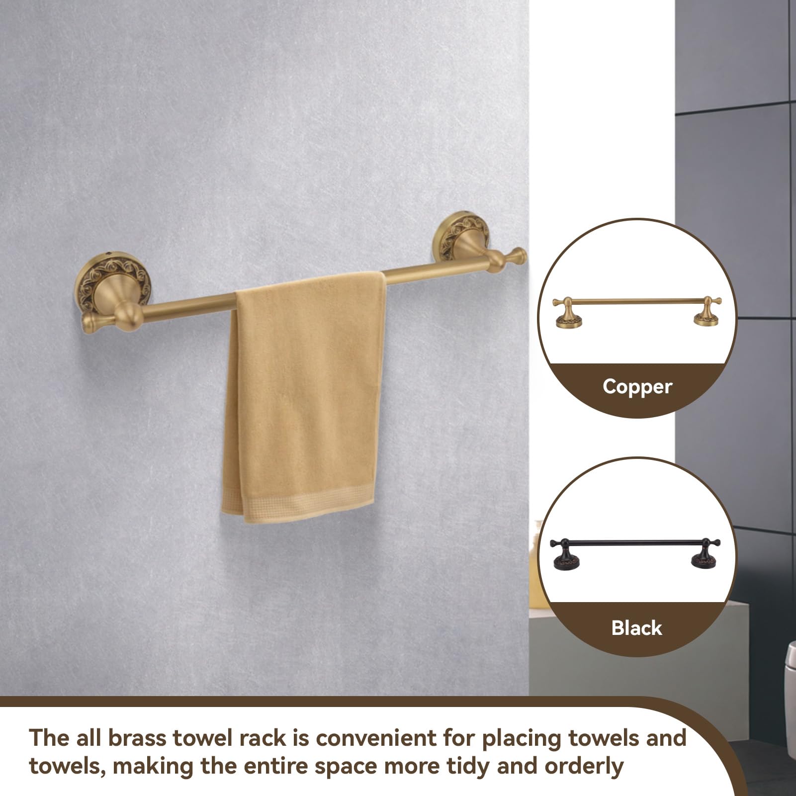 Toalleros para Baño Montado En La Pared, Accesorios De Baño De Latón Antiguo De 40 Cm, Juego De Barra De Toalla De Latón Cepillado, Soporte para Toallas De Baño, Soporte para Pared(Oro)