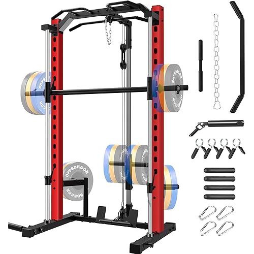 OPPSDECOR Power Cage, Multi-Function Power Rack with Adjustable Cable Pulley System, Squat Rack with Pull-up Bar, J-Hooks, More Training Attachment for Home Gym