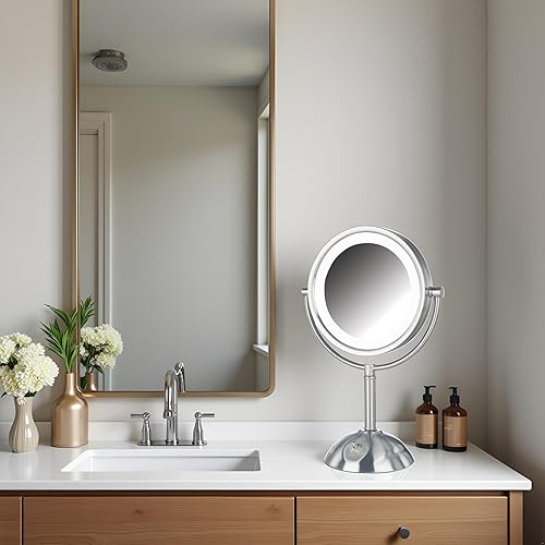 Miniatura 2 de Jerdon Espejo de maquillaje de mesa iluminado espejo de maquillaje iluminado con halo con 1 aumento y 8 veces en acabado de níquel espejo de tocador