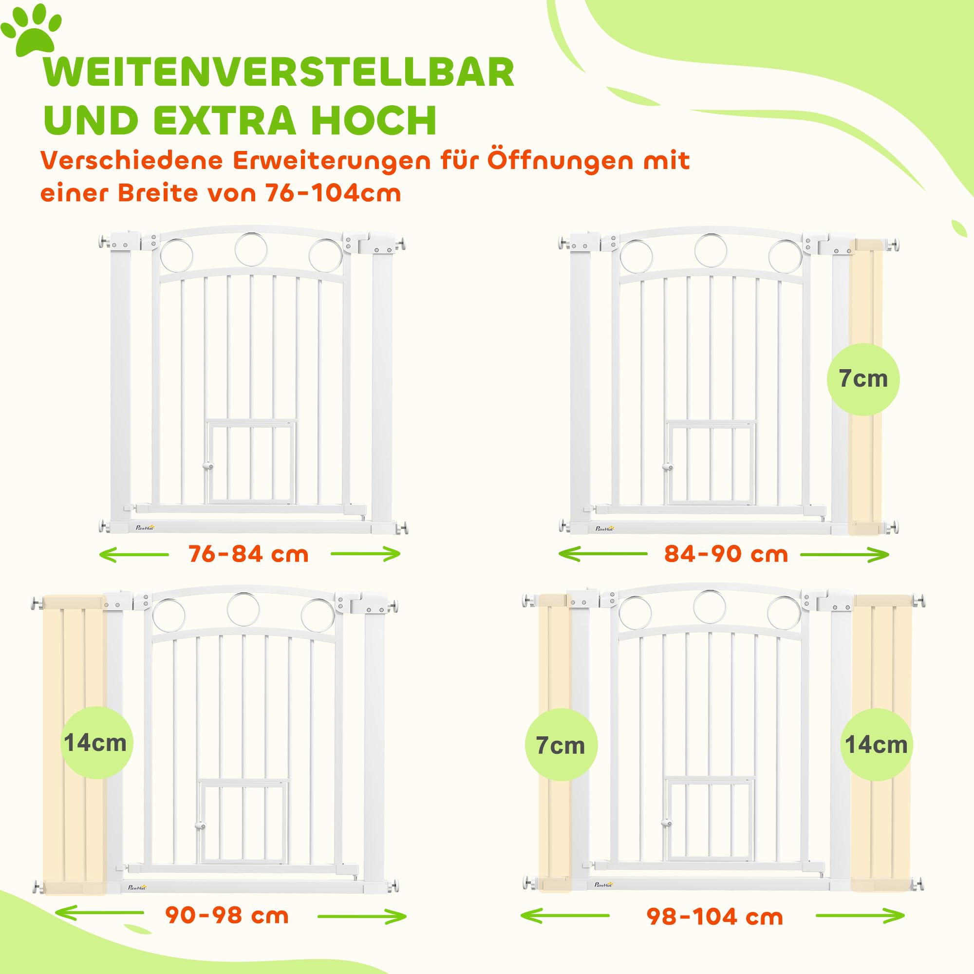 PawHut barierka ochronna do drzwi 77 cm, zabezpieczenie na schody, bramka bez wiercenia, zabezpieczenie na schody dla szerokości 76-104 cm, łatwe otwieranie jedną ręką, stal, biała