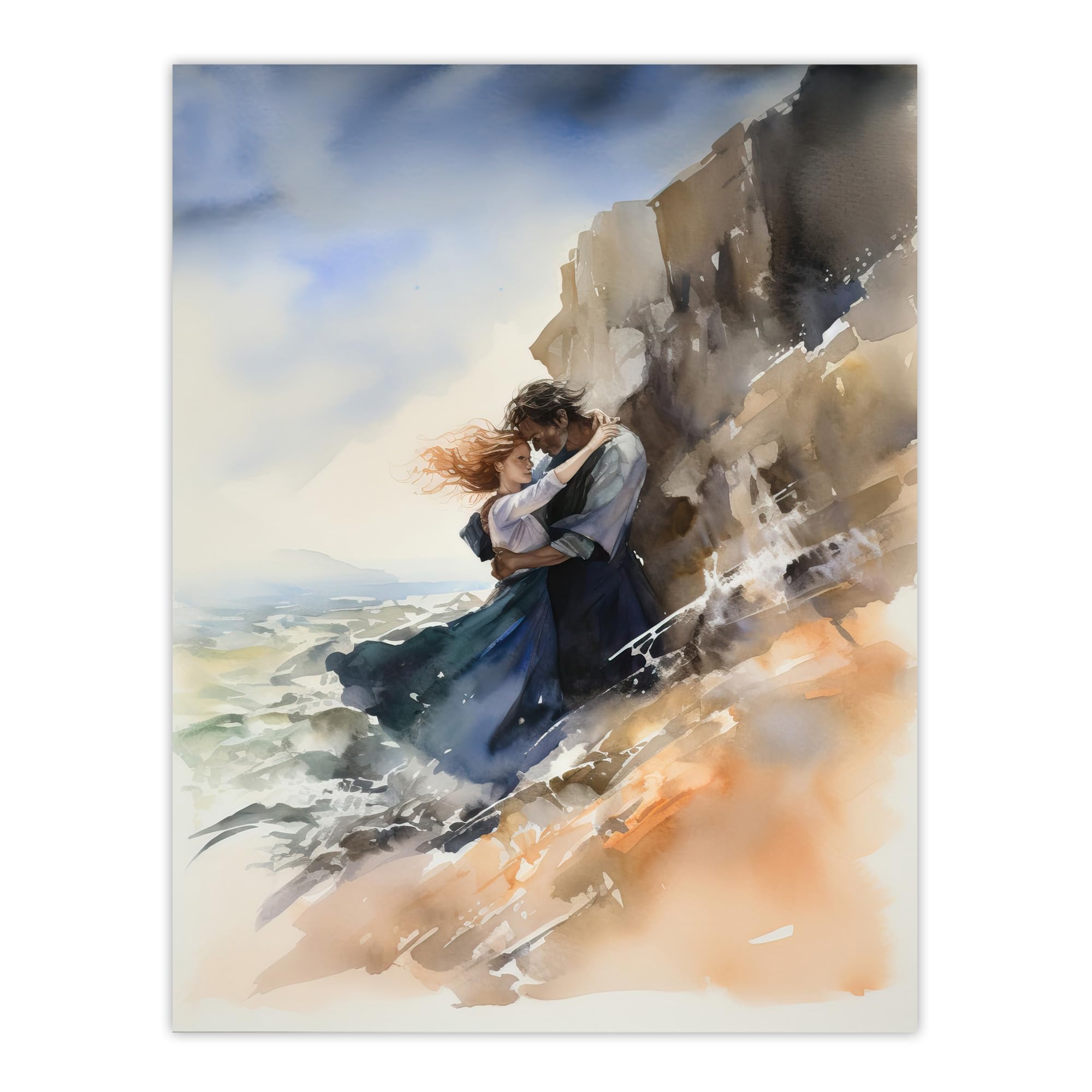 Artery8 Couple Embrace In Dramatic Coastal Cliff Landscape Watercolour Painting Wuthering Heights Extra Large XL Wall Art Poster Print