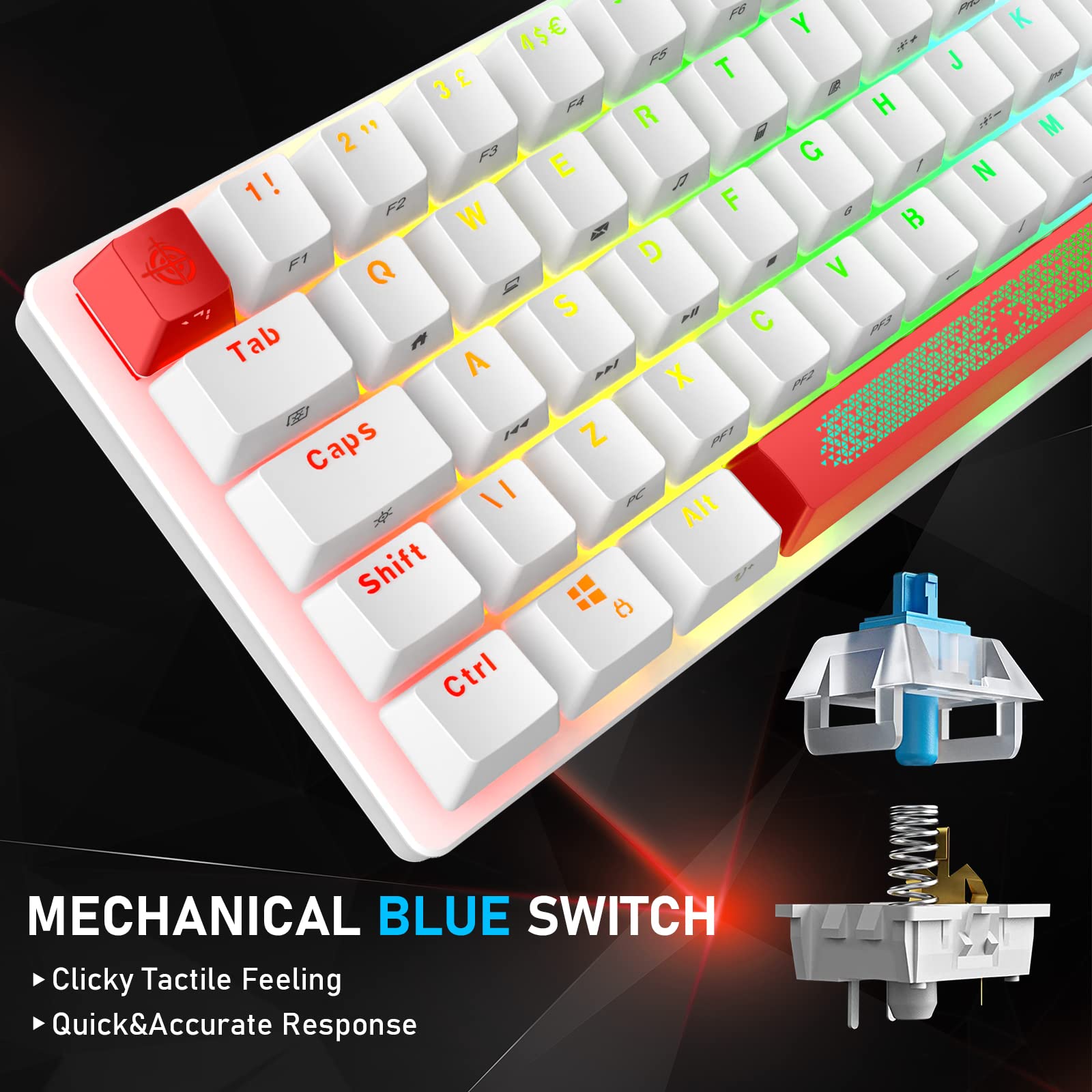 Układ brytyjski, mechaniczna klawiatura do gier RGB, 14 efektów podświetlenia, mini 62 klawisze, przewodowa typ C + lekka mysz RGB 6400DPI o strukturze plastra miodu + podkładka pod mysz kompatybilna z PS4, Xboxem, PC, laptopem (czerwono-czarna)