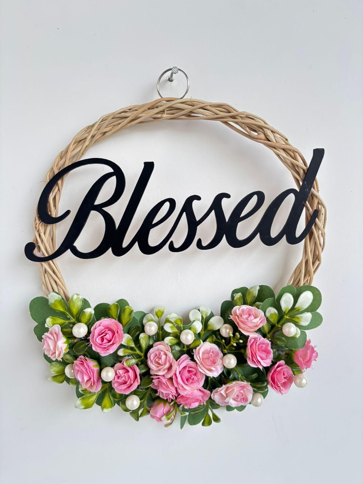 VIBES N SPACES “Blessed” Artificial Floral Wreath for Wall & Door | Pink Roses Flower Wall Hanging with Greenery & Pearls | Home Decor, Bedroom, Living Room, Entryway, Housewarming Gift | 10-Inch Size