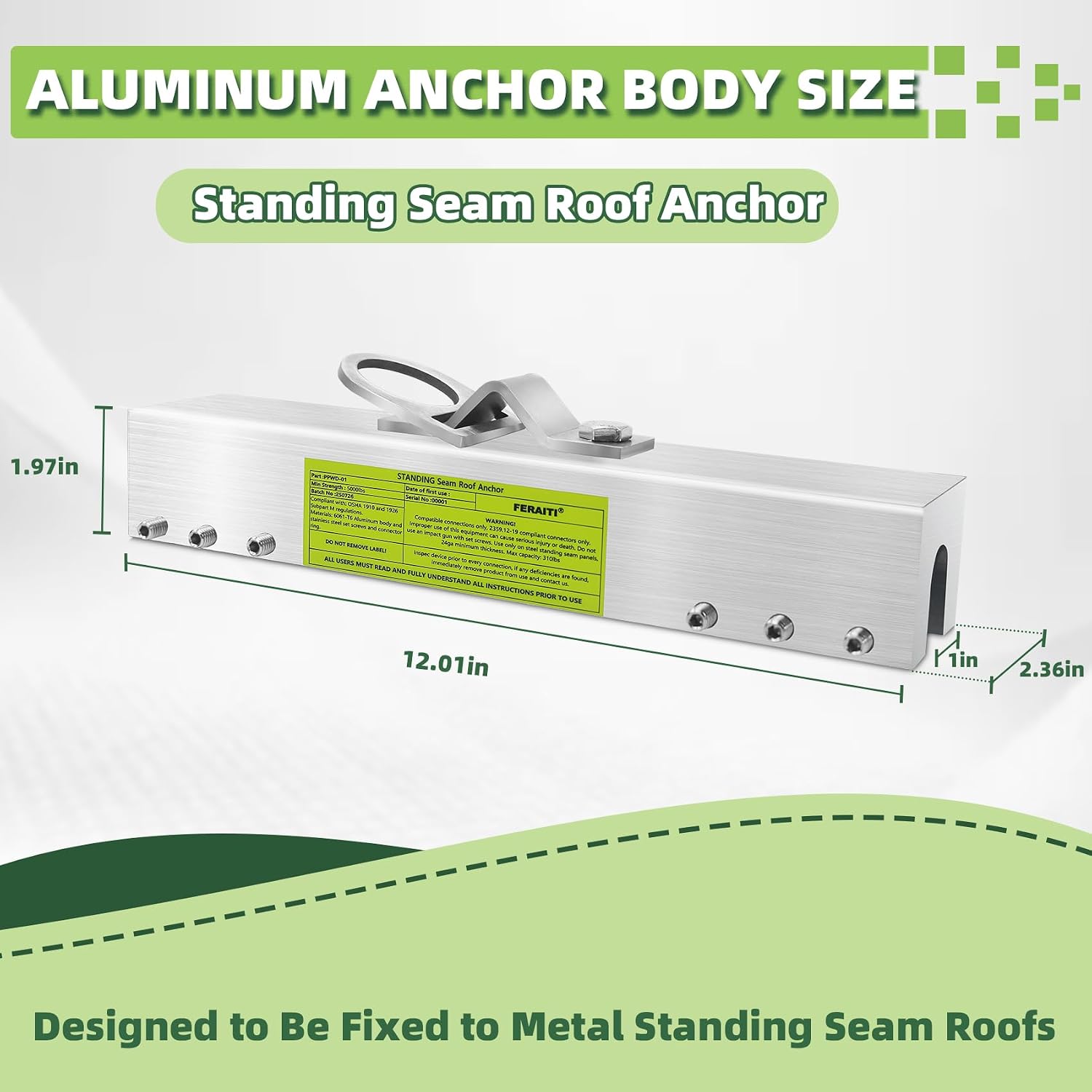 Standing Seam Roof Anchor Clamp, Aluminum Standing Seam Anchor Fall Protection with D-ring mount, Reusable Drill-free Roof Anchor, OSHA/ANSI Compliant, Breaking Strength 5000lbs