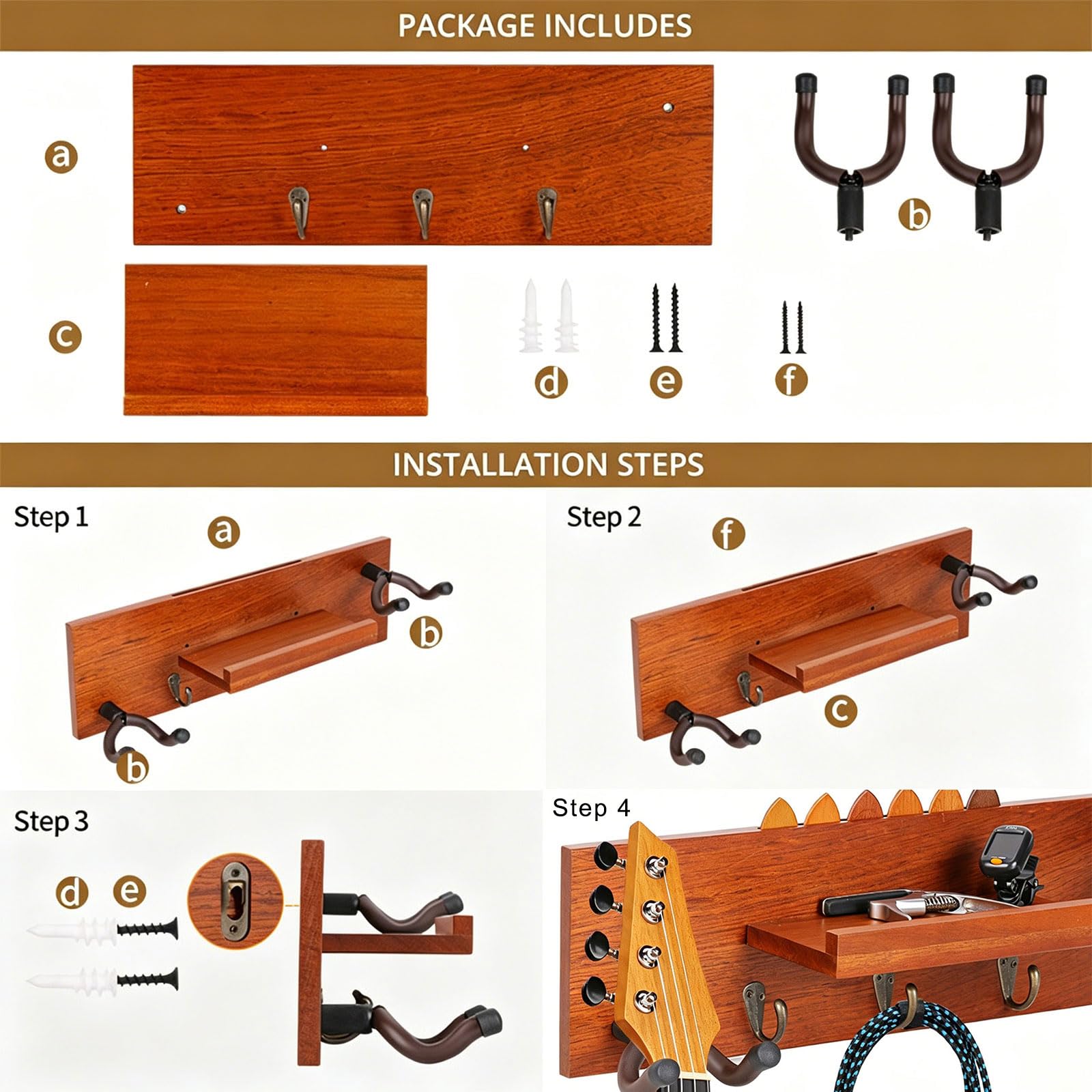Wandmontierter Halter, benutzerfreundliche Holztextur mit weicher Schutzpolsterung, Ukulelen-Aufbewahrungshaken für verschiedene Gitarren, wandmontierter Gitarrenständer