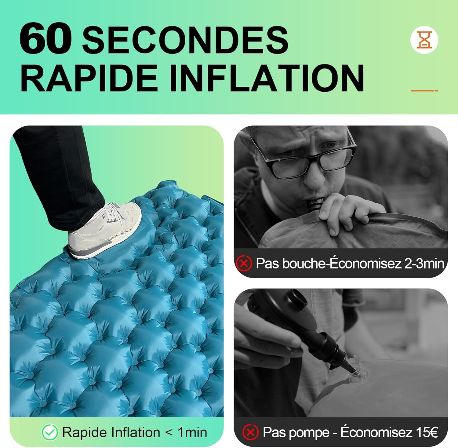 Matelas Gonflable 2 Personnes Matelas Camping Matelas Plage avec Oreiller | Pompe à Pied Intégrée,Gonflage Rapide,Matelas Gonflable 2 Places Ultraléger et Portable,Voyage,Randonnée, Trekking