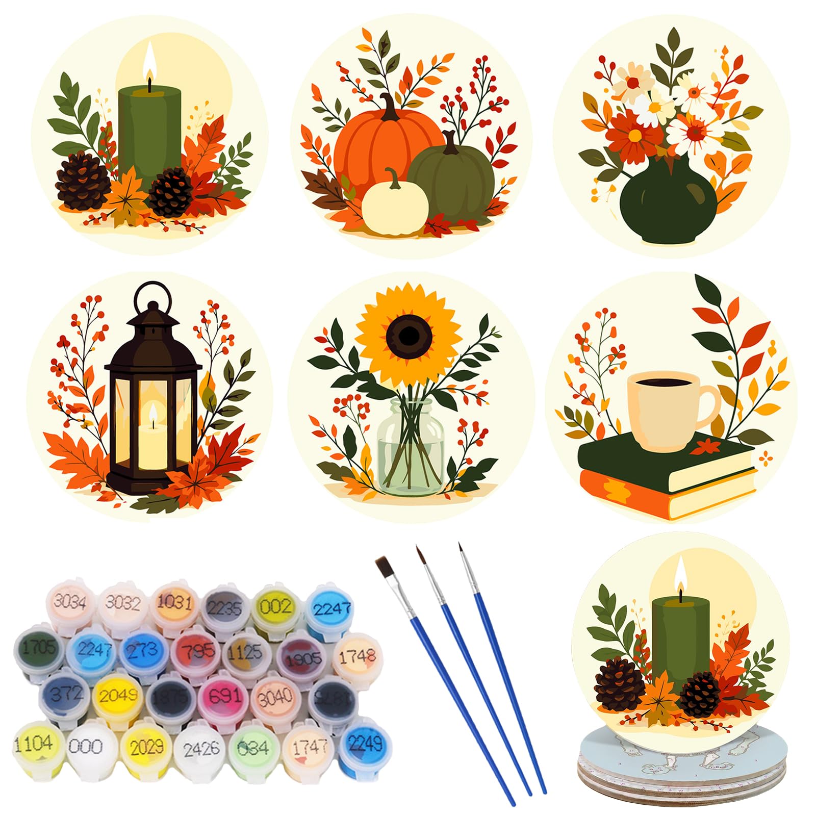 6 Pcs Paint by Numbers Coasters Kits with Holder, DIY Paint by Numbers Coasters for Adults Beginners, Coasters with Brushes Acrylic Paint-41-Autumn