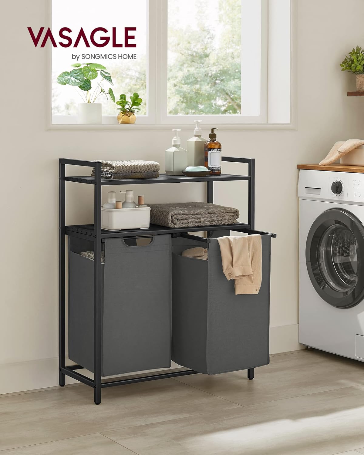 VASAGLE Laundry Hamper, Laundry Basket, Laundry Sorter with 2 Pull-Out and Removable Bags, 2 Shelves, 12.1 Gal (46L) Capacity per Bag, for Laundry Room, Black and Gray UBLH211G01