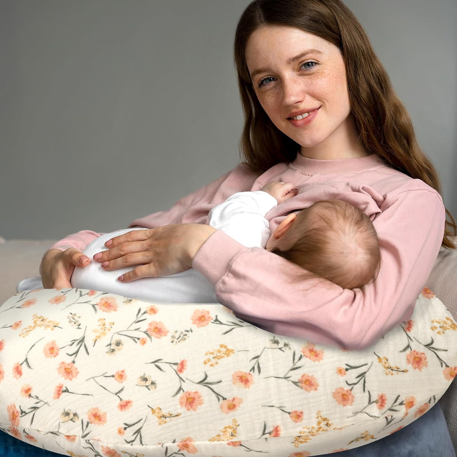 Hooyax Muslin Nursing Pillow Covers 2 Pack, Soft and Breathable Nursing Covers for Breastfeeding Pillows, Adorable Infant Feeding Pillow slipcover for Baby Boy and Girls (Pink Floral) - Image 5